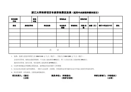 浙江大学科研项目专家咨询费发放表（适用中央财政和横向项