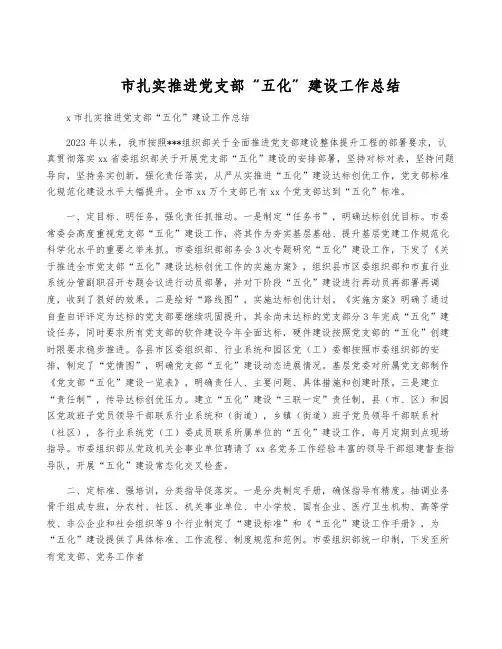 市扎实推进党支部“五化”建设工作总结