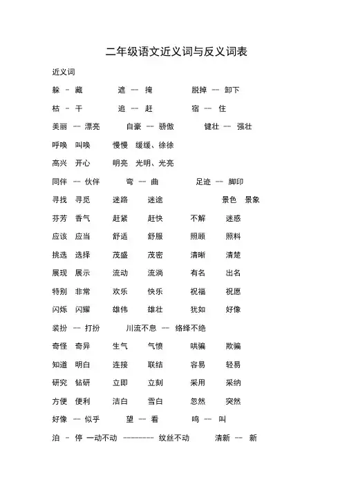 二年级语文近义词与反义词表