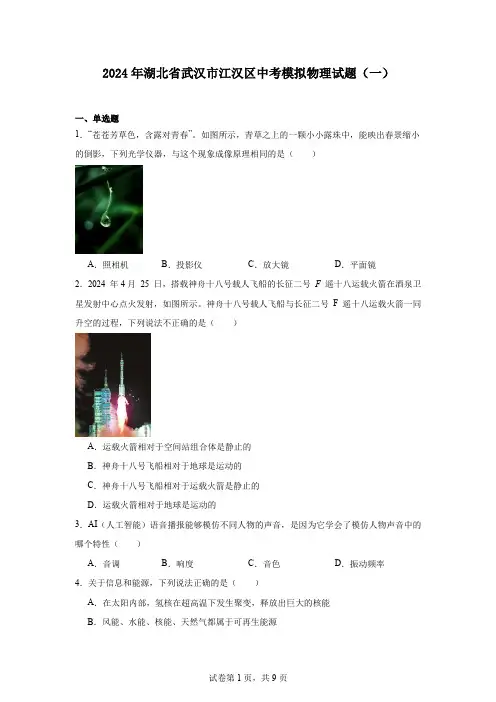 2024年湖北省武汉市江汉区中考模拟物理试题(一)
