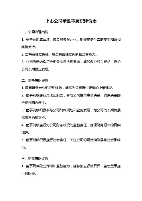 上市公司董监事履职评价表