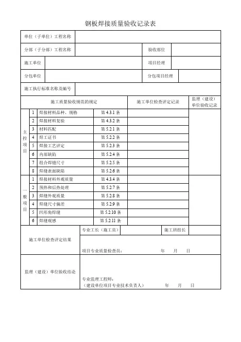 钢板焊接质量验收记录表