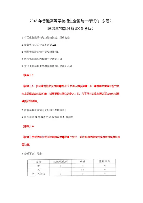 2018年高考真题——理综生物(广东卷)word解析版