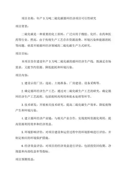 年产5万吨二硫化碳循环经济项目可行性研究报告完整立项报告