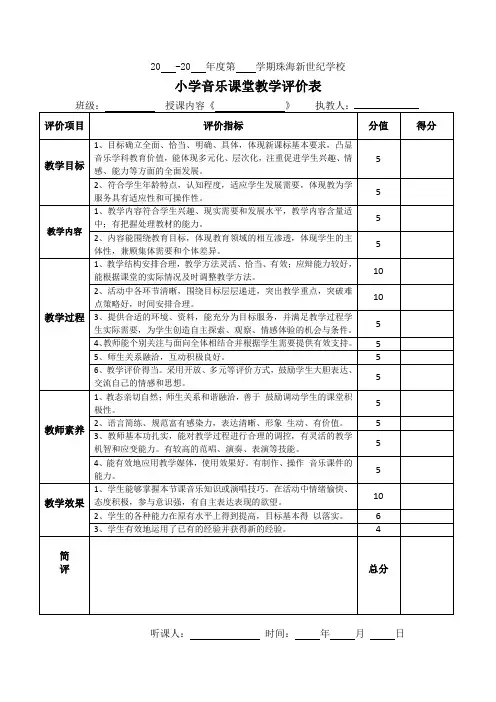 音乐课堂教学评价标准及评分表