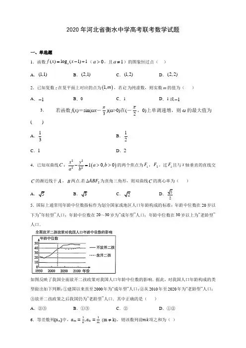 2020年河北省衡水中学高考联考数学试题(附答案解析)