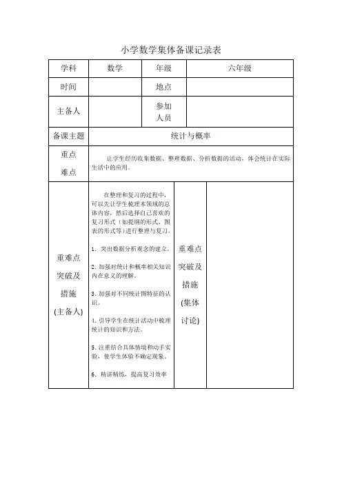 六年级数学《统计与概率》集体备课 记录表