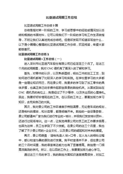 比亚迪试用期工作总结9篇