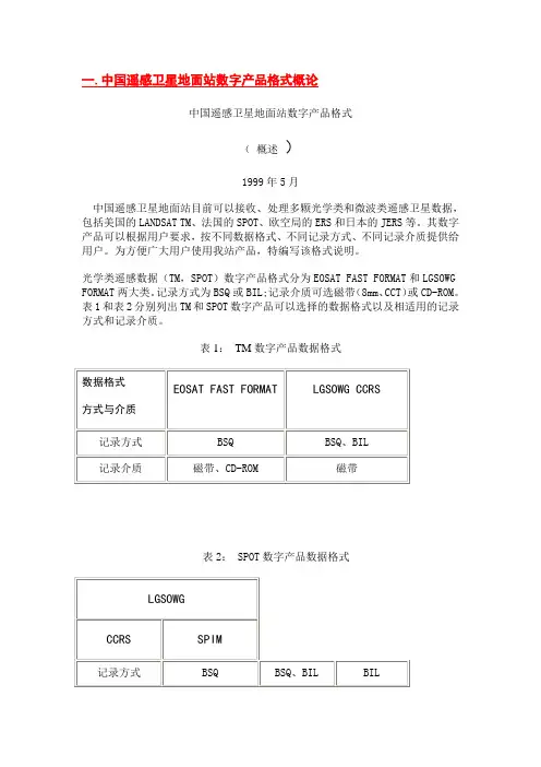 中国遥感卫星地面站数字产品格式