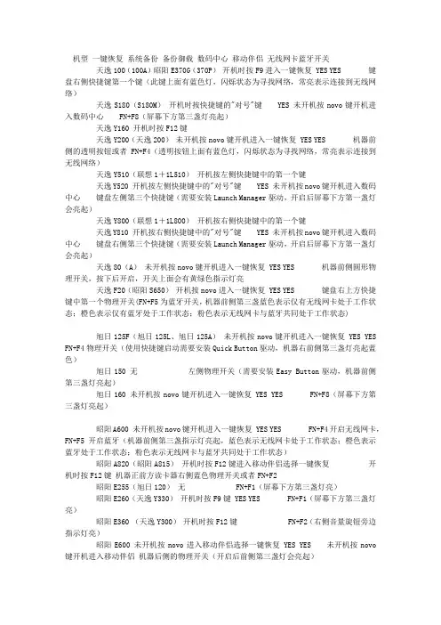 联想笔记本一键恢复和无线开关汇总