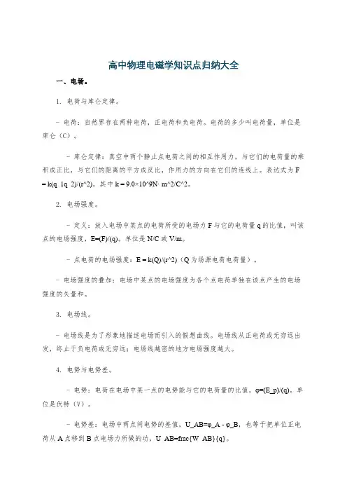 高中物理电磁学知识点归纳大全