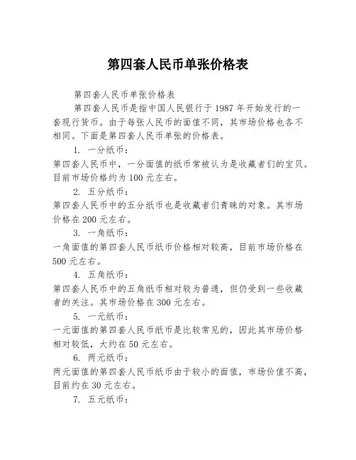 第四套人民币单张价格表