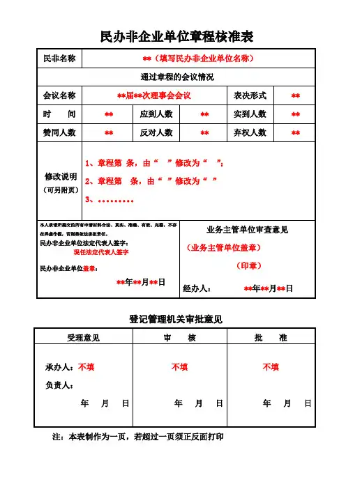 民办非企业单位章程核准表(示例样表)