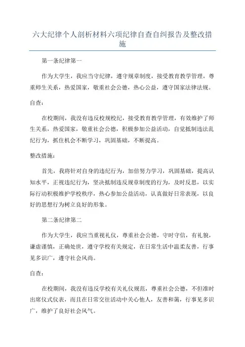 六大纪律个人剖析材料六项纪律自查自纠报告及整改措施