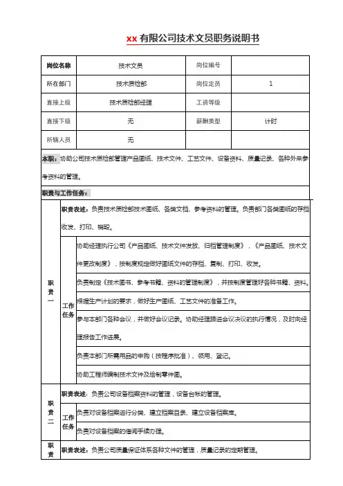 技术文员职务说明书