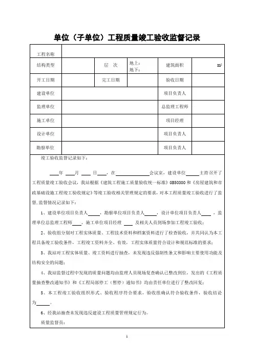 单位(子单位)工程质量竣工验收监督记录