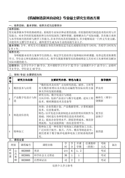 《机械制造及其自动化》专业硕士研究生培养方案,DOC