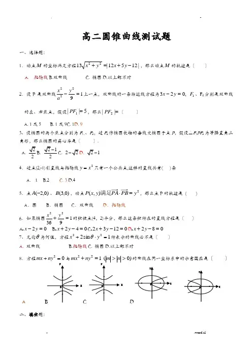 高二数学圆锥曲线测试题以及详细答案