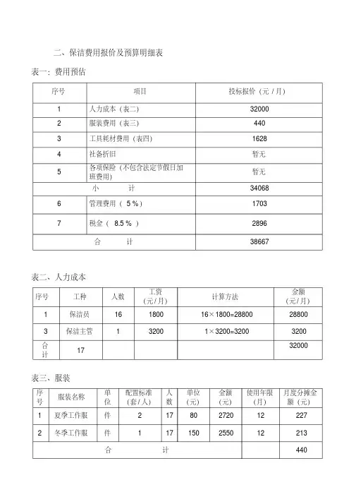 二、保洁费用报价及预算明细表