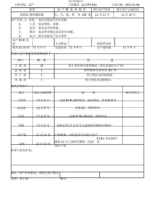 试产的通知书