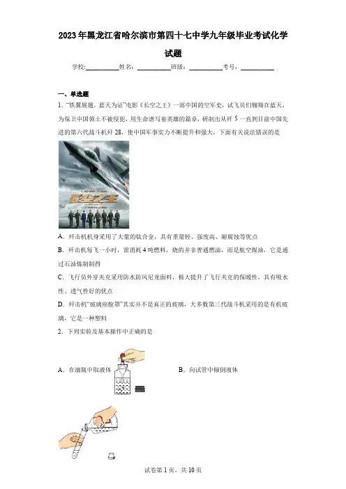2023年黑龙江省哈尔滨市第四十七中学九年级毕业考试化学试题