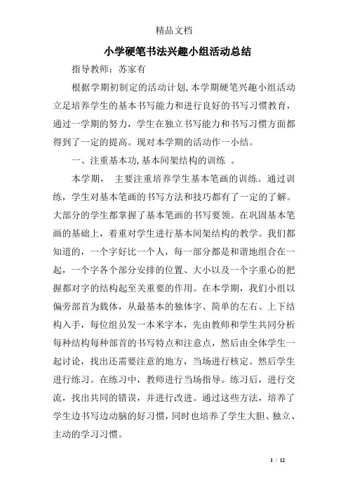 小学硬笔书法兴趣小组活动总结
