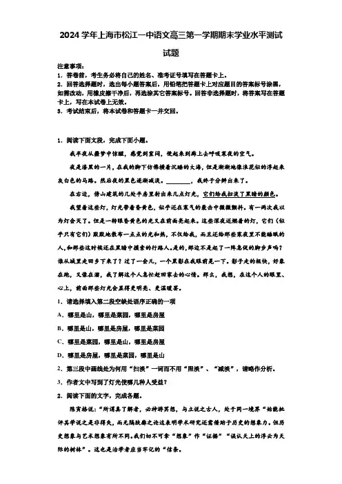2024学年上海市松江一中语文高三第一学期期末学业水平测试试题含解析