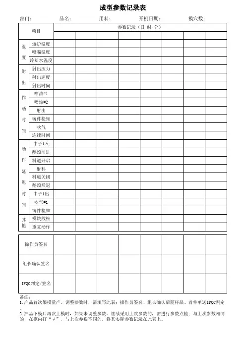 压铸成型参数记录表