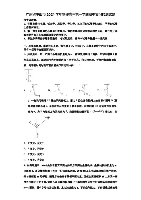 广东省中山市2024学年物理高三第一学期期中复习检测试题含解析