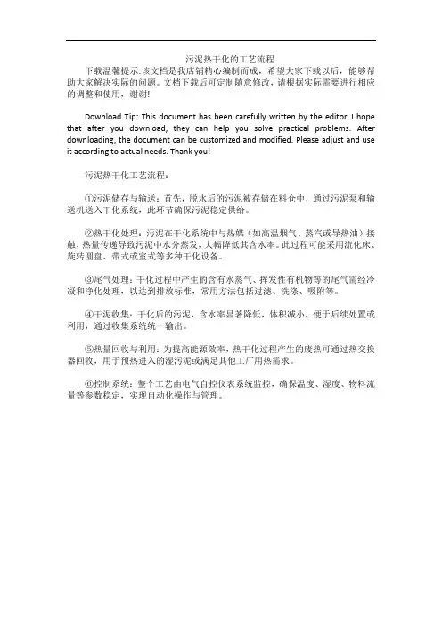 污泥热干化的工艺流程