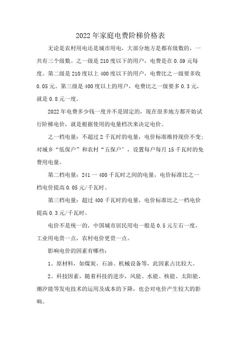 2022年家庭电费阶梯价格表