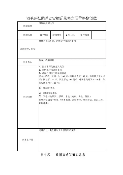 羽毛球小组活动记录表