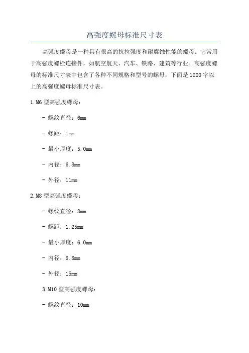 高强度螺母标准尺寸表