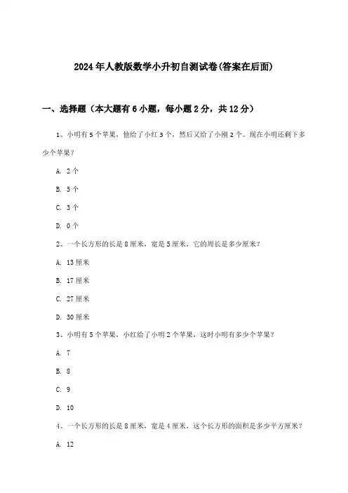 2024年人教版小升初数学试卷及解答参考