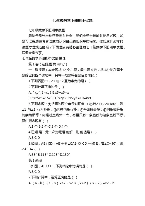 七年级数学下册期中试题