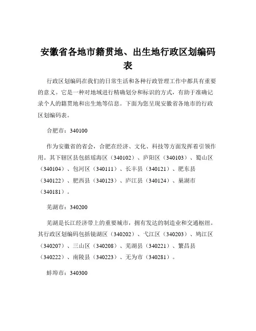 安徽省各地市籍贯地、出生地行政区划编码表