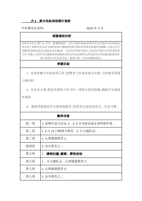 少先队活动计划表及记录表样表
