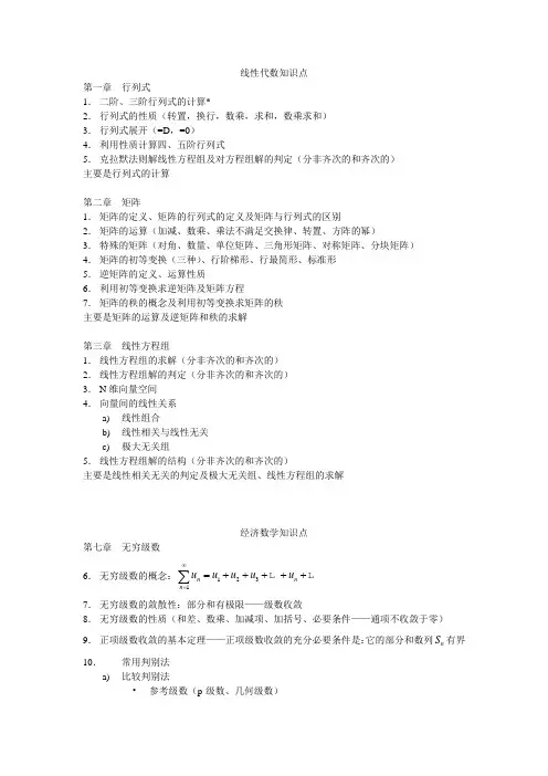 大学数学知识点(微积分,线性代数)