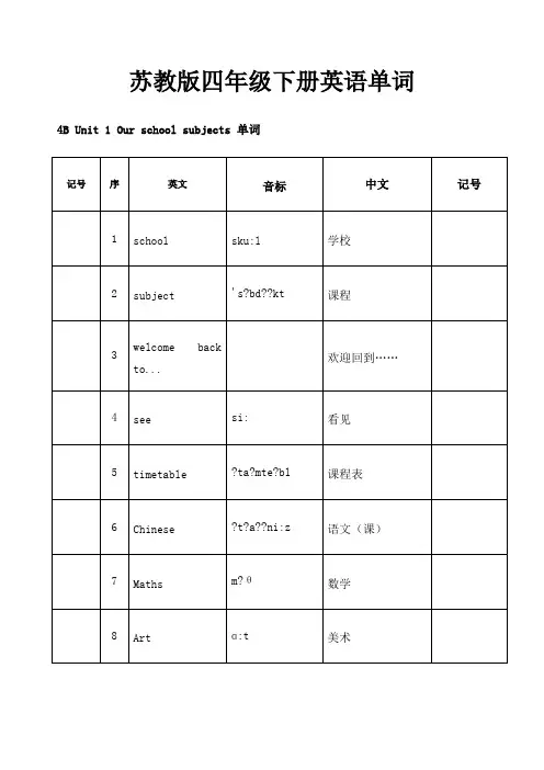 苏教版四年级下册英语单词