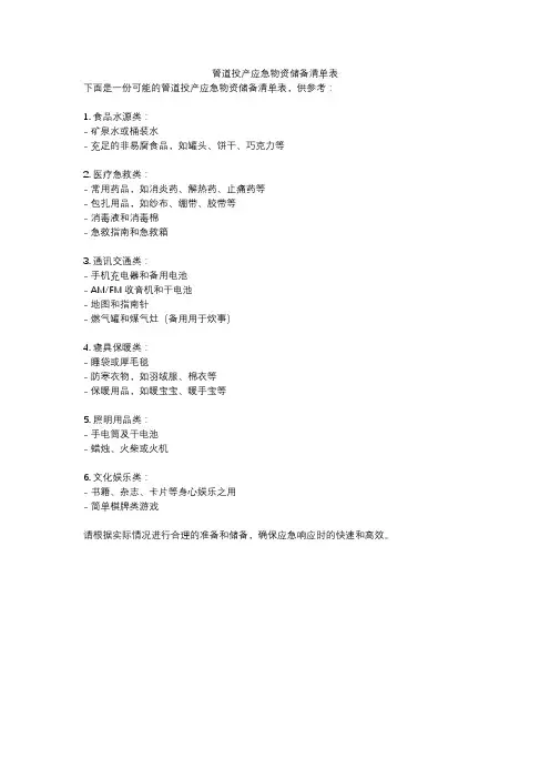 管道投产应急物资储备清单表