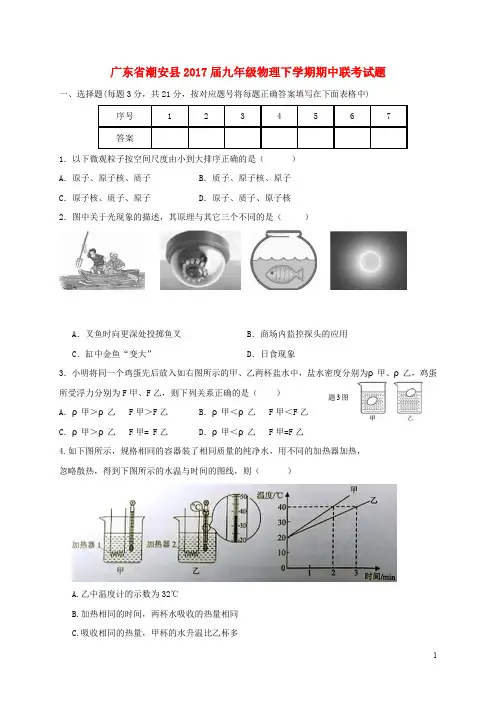 广东省潮安县九年级物理下学期期中联考试题