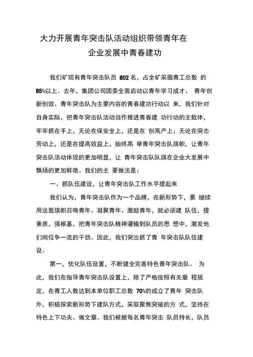 大力开展青年突击队活动组织带领青年在企业发展中青春建功