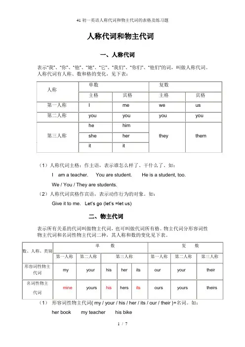 初一英语人称代词和物主代词的表格及练习题