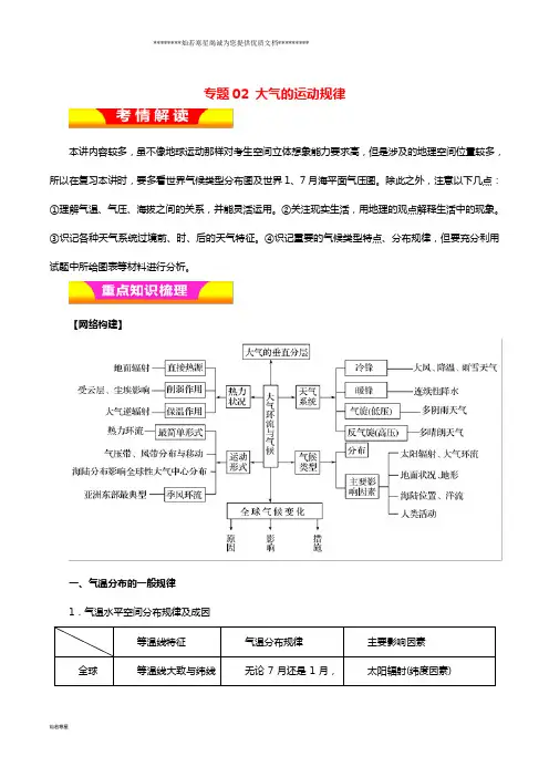 高考地理二轮复习专题02大气的运动规律教学案