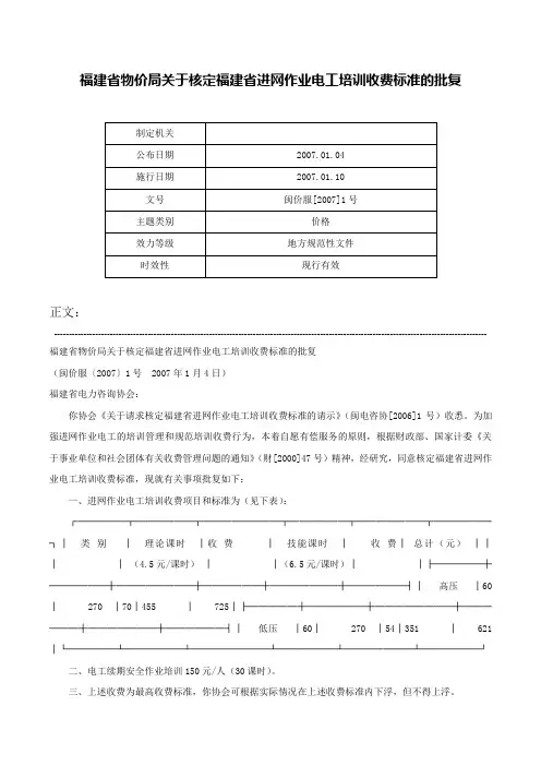 福建省物价局关于核定福建省进网作业电工培训收费标准的批复-闽价服[2007]1号