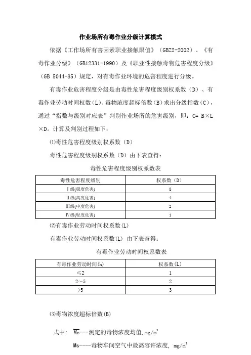 作业场所有毒作业分级计算模式