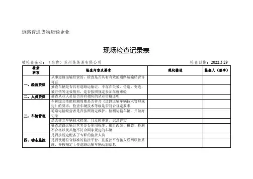 道路普通货物运输企业现场检查记录表