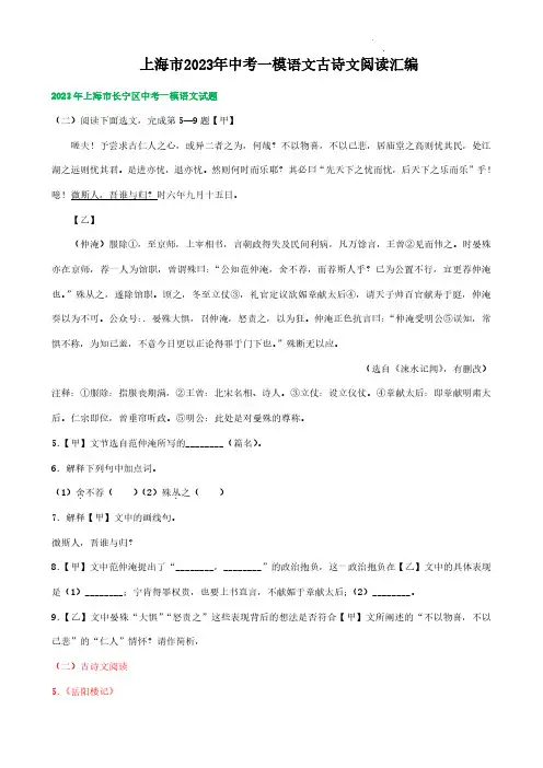 上海市2023年中考一模语文古诗文阅读汇编