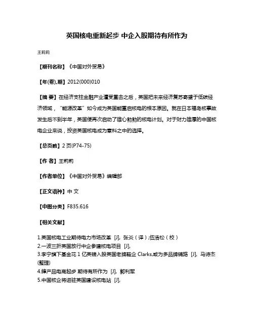 英国核电重新起步 中企入股期待有所作为