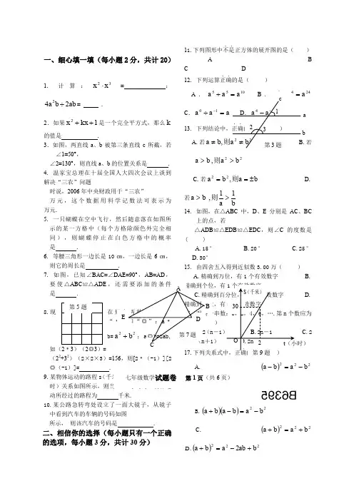 北师大七年级下册数学期末试卷